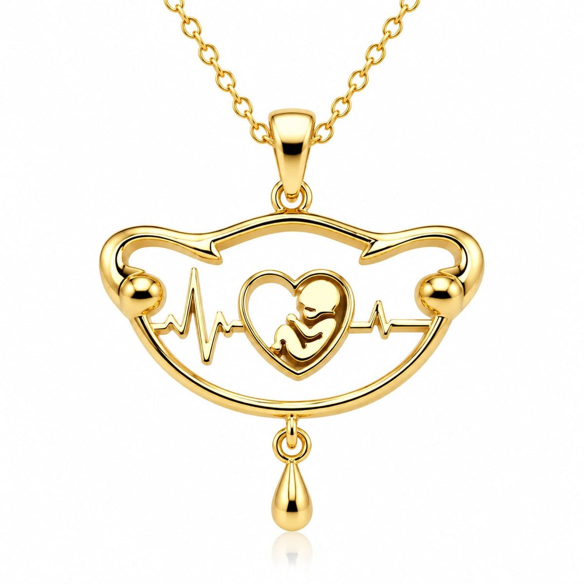 Gold uterus-shaped pendant cradling a baby silhouette, The First Heartbeat memorial necklace by Moses Beau