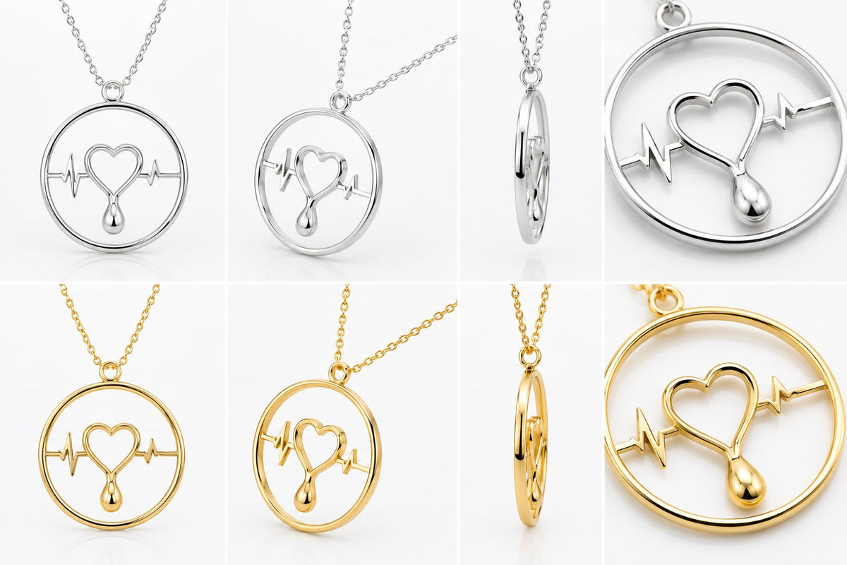 Side view of the Heartbeat of Hope pendant showing the heartbeat line and teardrop detail